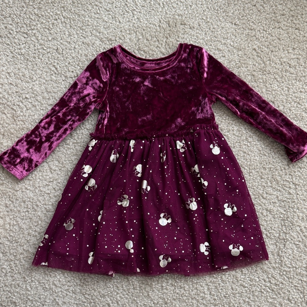 Disney, Velvet Long Sleeve Dress with gold Minnie pattern , 18 months
